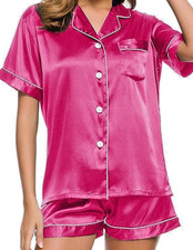 2 Pc Satin Silky Short Pants Womens Sleep/Lounge Pajama Set Fuchsia -Size L
