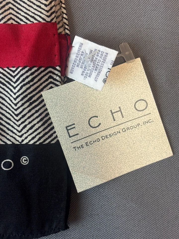 NWT Vintage Scarf Black Red Cream Graphic Print Echo Rectangle Geometric Scarf - Image 2 of 3