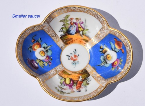 Rare 1800s Antique Helena Wolfsohn Dresden Quatrefoil Tea Trio - Courtly Couple - Picture 13 of 16