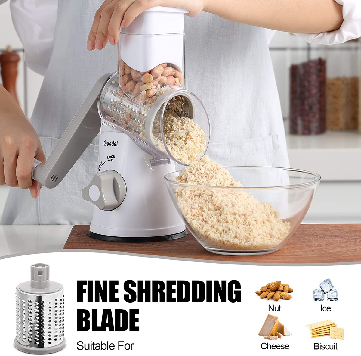 SUSTEAS Rotary Cheese Grater, 5 Blades, Suction Base, Mandoline Slicer, Vegetable Grater, Yellow