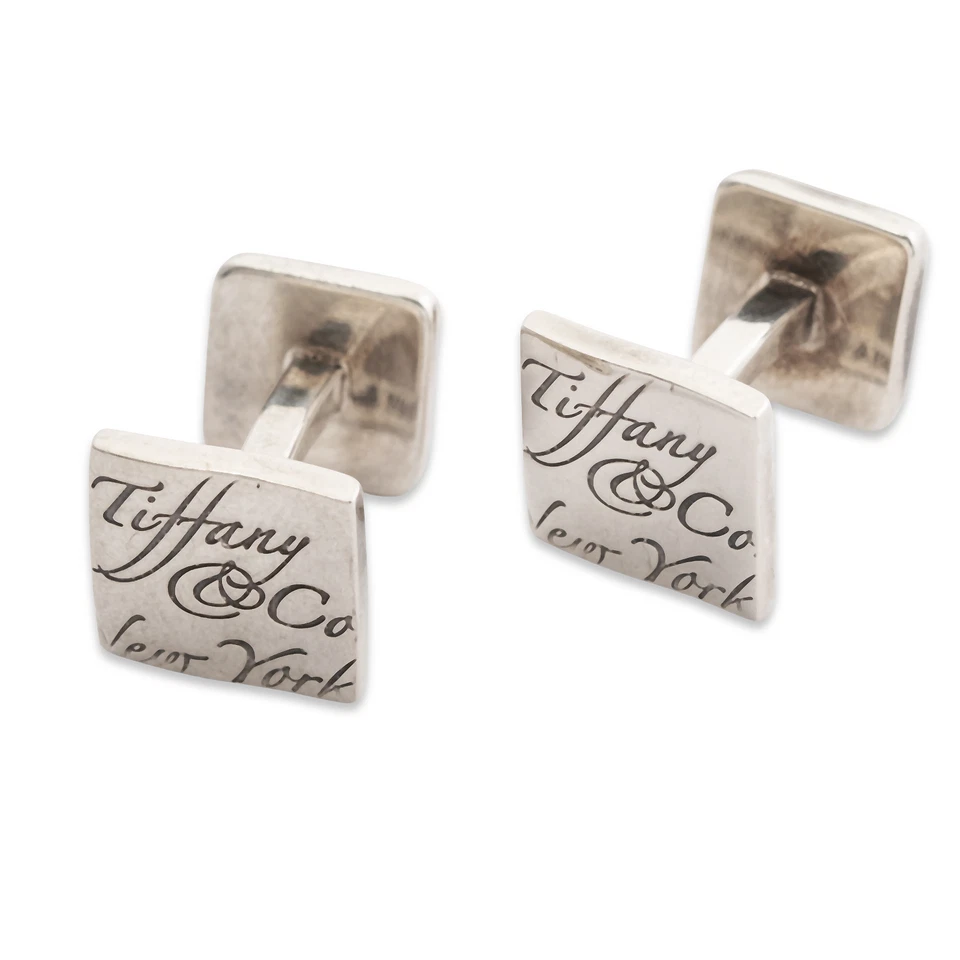 Gemelos Tiffany & Co Clásicos Notas Curvas Rectángulo Plateado Logo Vintage Foto 3 de 4