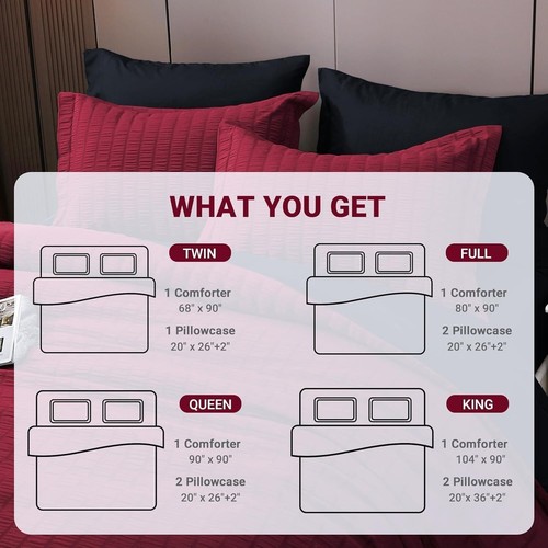 Elegant King Size Seersucker Comforter Set 3-Piece with Pillow Shams - Red/Black - Picture 7 of 8