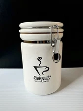 Barnie's Coffee & Tea Co. White Ceramic Canister w/Spoon by Oggi 8”x 5” READ