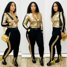 Women's Black & Gold  Sequin Two-Piece Pants Set
