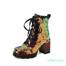 Fashion Women's High Block Heel Ankle Boots Sequins Nightclub Stage Street Shoes