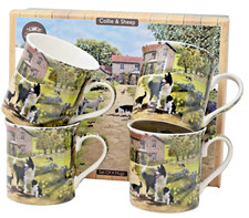 Set of Four Collie & Sheep Design China Mugs in Gift Box For Tea or Coffee etc 