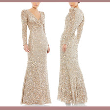 NWT $498 Mac Duggal [ 12 ] V Neck Puff Shoulder Sequined Surplice Gown Gold Q606