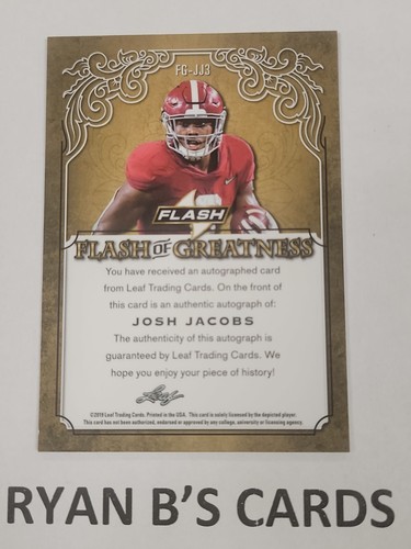 JOSH JACOBS 2019 LEAF FLASH OF GREATNESS ALABAMA/RAIDERS ON CARD ROOKIE AUTO RC - Bild 5 von 5