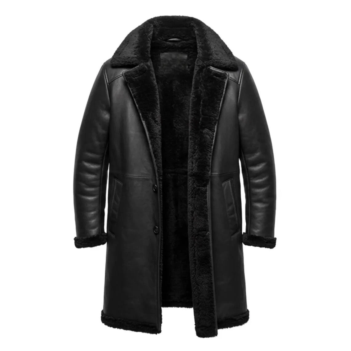 New Men's Black Shearling Leather Coat Real Sheepskin Leather Winter Jacket Coat