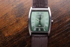 Vintage Seiko Quartz Slim Barrel Tank  Green Dial Dark Brown leather Dress Watch