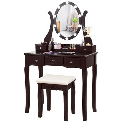 Vanity Dressing Table Set Touch Switch w/10 Light Bulbs Makeup Desk Gift Brown