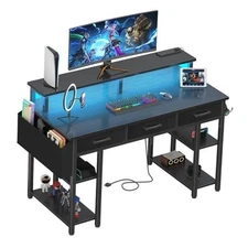  Gaming Desk with Led Lights and Power Outlets, 47 Inch Home Office 47.2" Black