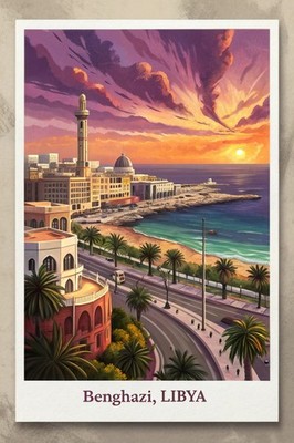 Lebendiges Bengasi Libyen Reise Poster - Exquisites afrikanisches Stadtbild Kunstdruck A1-
