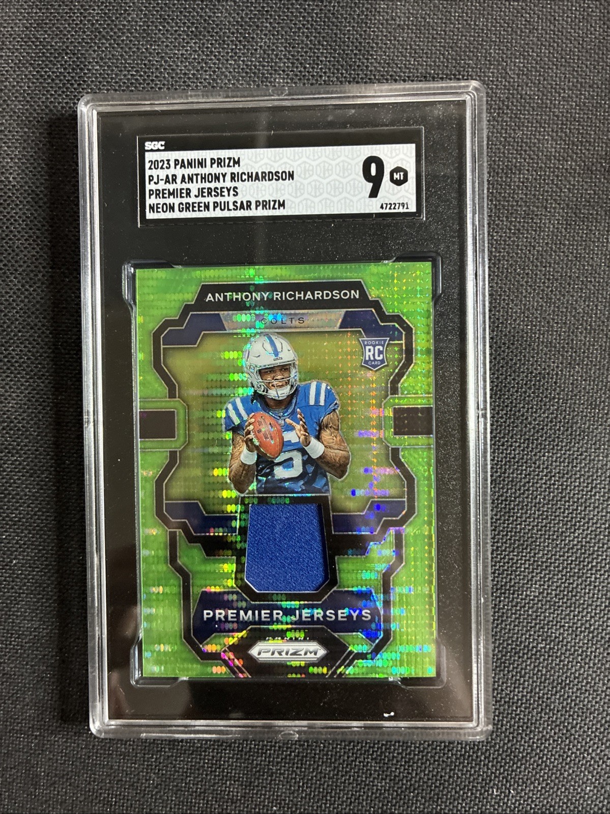 2023 Prizm Anthony Richardson Green Pulsar Premier Jerseys Rookie Patch SGC 9 RC