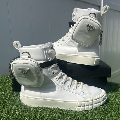 PRADA WHEEL RE-NYLON HIGH-TOP SNEAKERS WITH LOGO ZIP POUCH WHITE