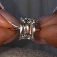 5.00Ct Emerald Cut Moissanite Hidden Halo Engagement Ring 14K White Gold Plated