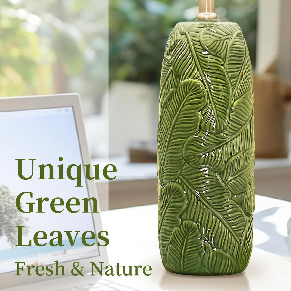 25” Green Lamps Set of 2 with Leaves Design for Living Room Bedroom Retro Cer... - Image 4 of 4