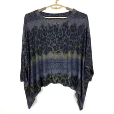 Nally & Millie Animal Print Crewneck Poncho Sweater OS blue green black