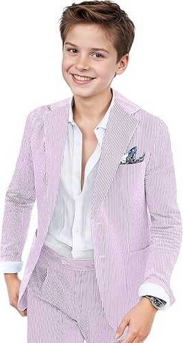 Seersucker Boy's Suits Summer Two Pieces Coat Pants Notch Lapel Leisure Casual - Picture 9 of 27