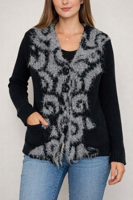 Marlene B Paris France schwarz grau Strick Cardigan flauschig flauschig abstrakt Knöpfe M