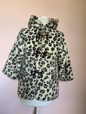 Vintage Duffle Coat Jacket Hooded White Leopard Fake Fur crop sleeve Small UK8