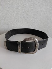 Black Leather Engraved Silver Tone Metal Buckle Western Belt Handcrafted
