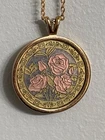 Vintage Amway Rose Pendant Necklace Gold Tone Enamel Floral Art Deco Jewelry