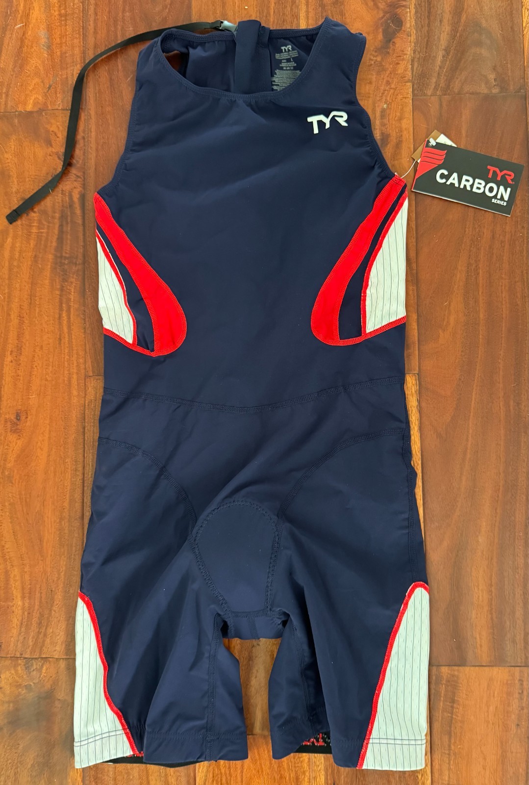 TYR Women's Large Navy Blue Red CARBON Tri Suit Short John Zip Back USA Made New