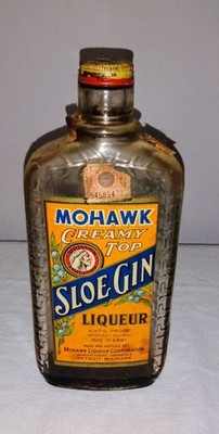 VINTAGE MOHAWK CREAMY TOP SLOE GIN LIQUEUR LIQUOR GLASS BOTTLE EMPTY PAPER LABEL