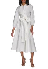 NEW $149 Halston Long slv Midi white crisp Shirtdress gold btns womens 16