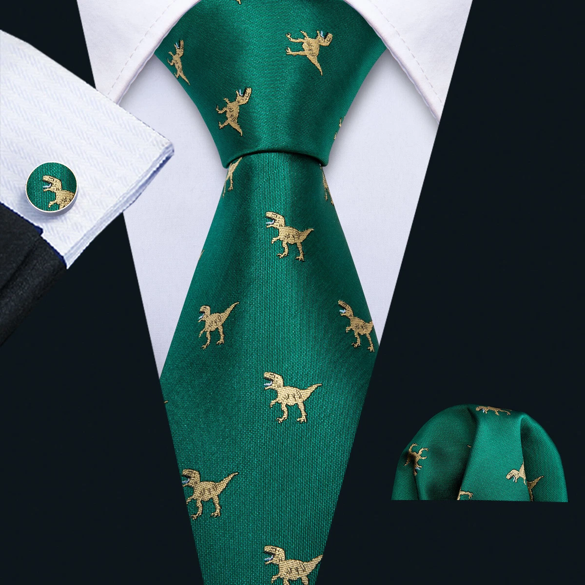 Mens Tie Green Dinosaur Necktie Pocket Square Cufflinks Set Formal Casual  Party | eBay
