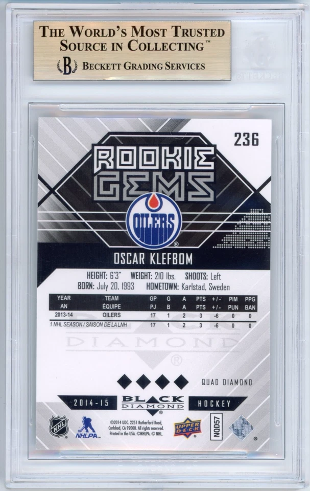 POP 1: Oscar Klefbom RC BGS 9.5: 2014-15 Black Diamond Rookie Gem Mint Gisto - Image 2 of 3