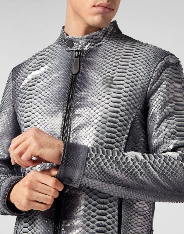Men's Python Snake Embossed Gray Premium Cowskin Leather Jacket | eBay