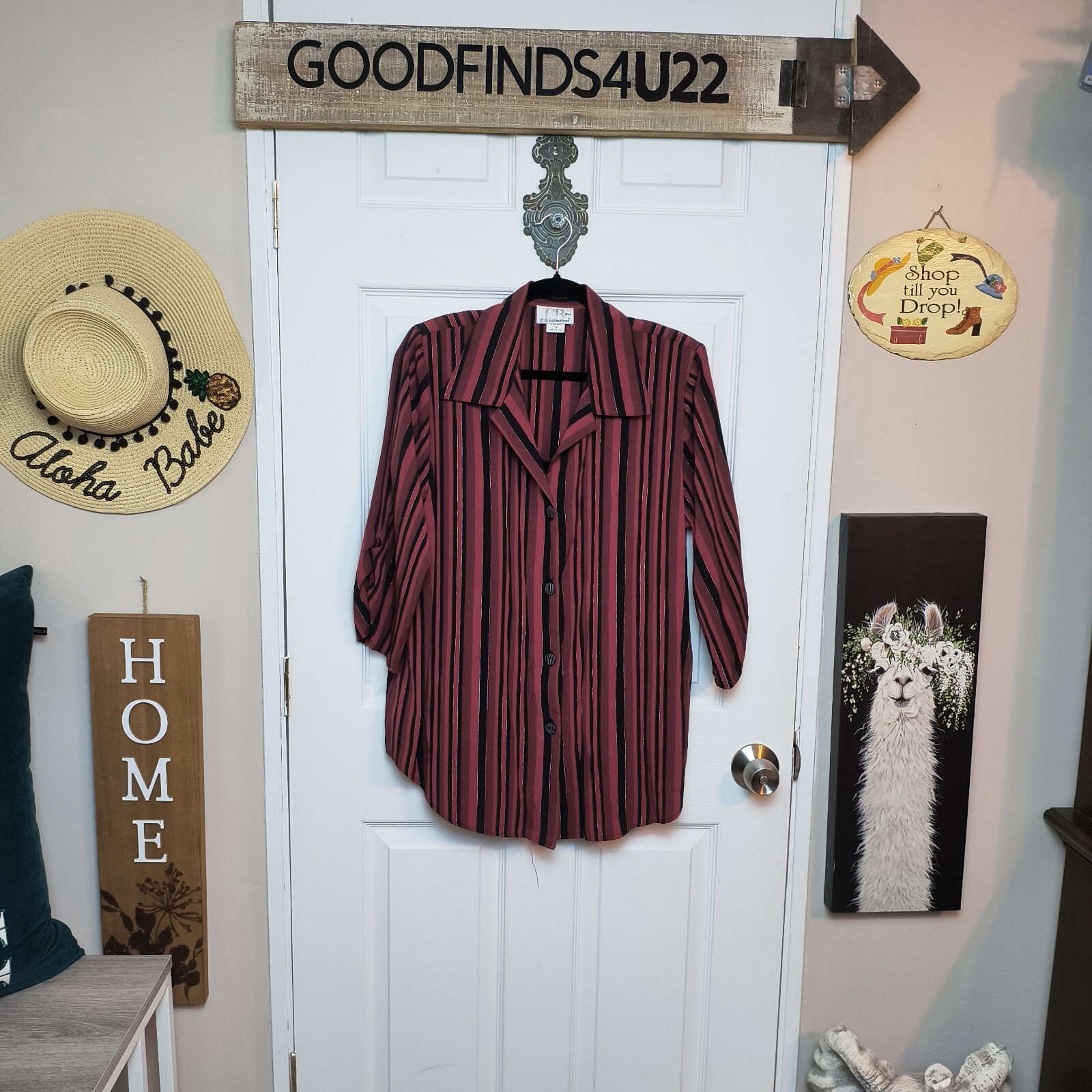 Vtg CB COLLECTIONS Top Womens 1X Striped Button up Blouse 3/4 Ruched Sleeve Red