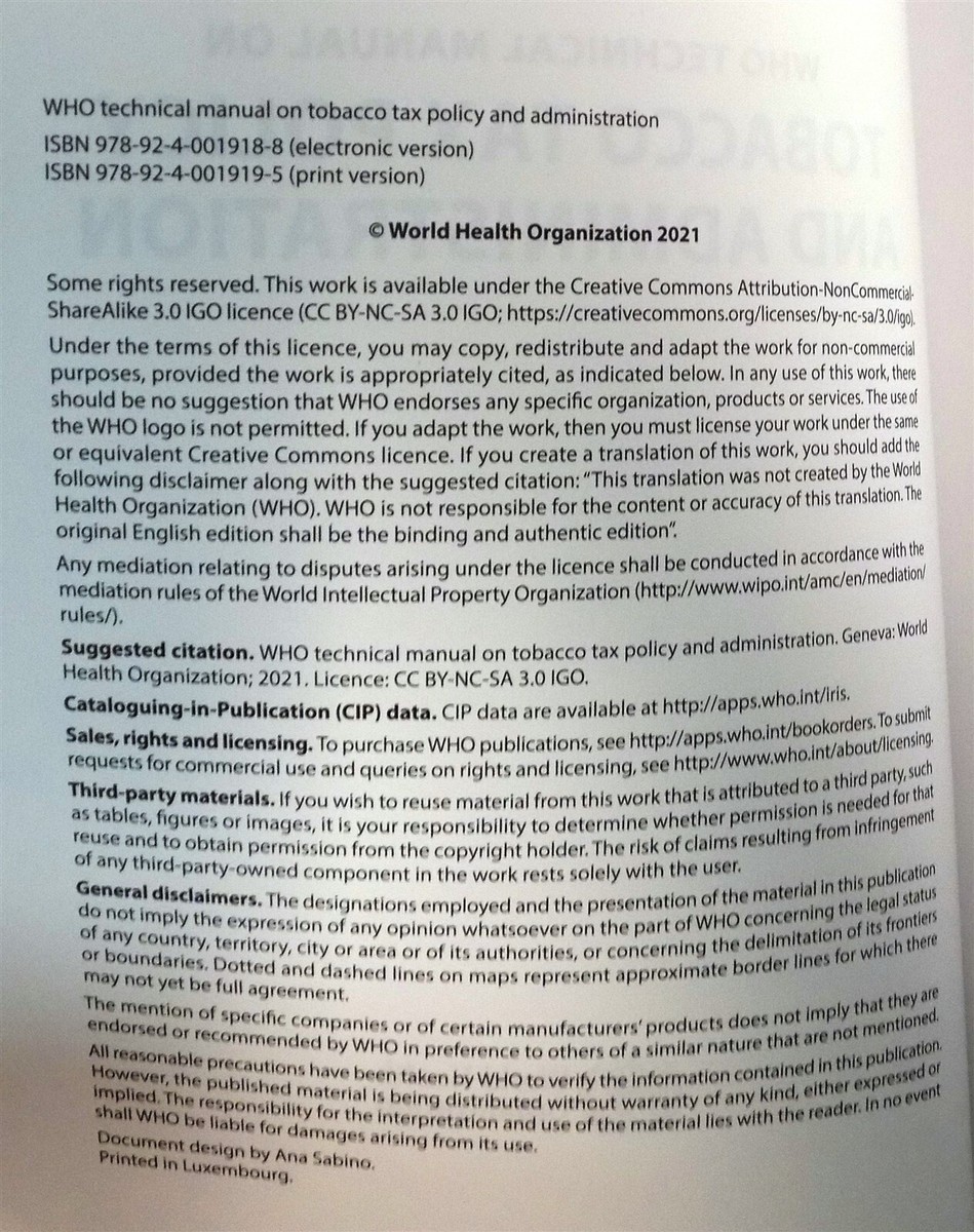 WHO Technical Manual on Tobacco Tax Policy and Administration. Paperback  2021