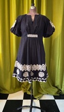 Antropologie Puff Short Sleeve V-Neck Black Dress With Cream Embroidery Size 4