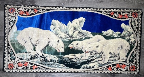 Vtg Polar Bear Tapestry Italian Velvet Rug 70s Wall Hanging 20”x 40” Floral Edge
