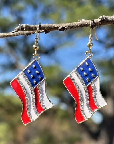 Pendientes Patrióticos Bandera Americana, Detalle Diamantes de Imitación, Nuevos - Imagen 1 de 4