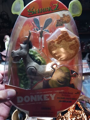SHREK 2 DONKEY ACTION FIGURE W/FAIRY +WAFFLE+BASE NEW SEALED HASBRO 2004 VINTAGE