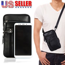 Men Leather Cell Phone Belt Bag Waist Bag Shoulder Pouch Crossbody Purse Black