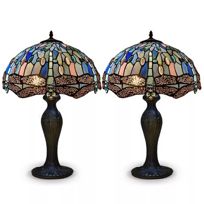 Paar 2 blaue Libelle Tiffany Stil 16 Zoll Tischlampe Buntglasschirm UK