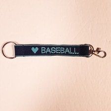LOVE BASEBALL Embroidered Name Strap Key Ring Keychain w Clasp Dk Blue  Lt Blue