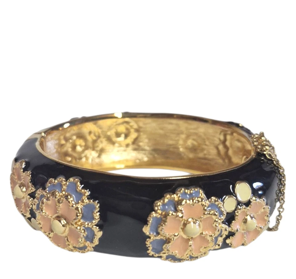 Brazalete ancho floral J.Crew negro multicolor latón chapado en oro brillante Foto 2 de 4