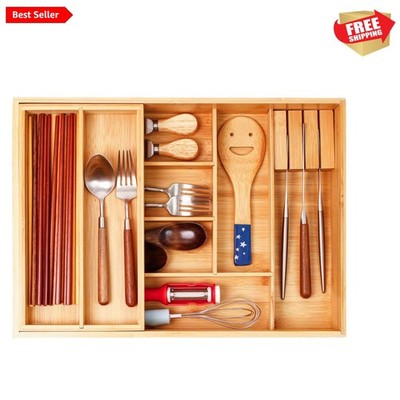 Double Layer Bamboo Kitchen Drawer Organizer Cutlery Utensil Silverware Drawe...
