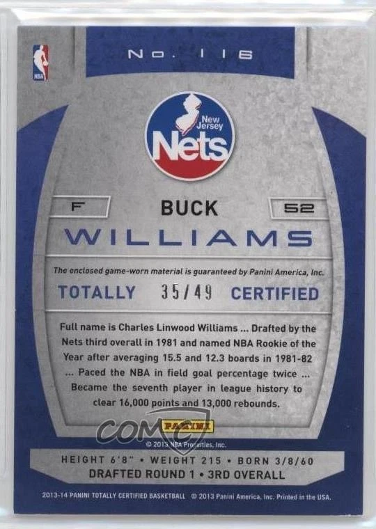 2013-14 Totally Certified Memorabilia Totally Blue /49 Buck Williams #116 - Image 2 of 2