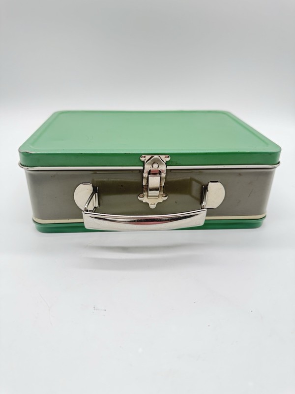 Vintage American ALL Metal Lunch Box Lunchbox Seafoam Green Gray Childs -thermos