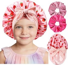 Kids Satin Sleep Bonnet Pink Strawberry Adjustable Double Layer Hair Cap