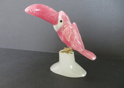 Pink Onyx Toucan Bird Figurine with Metal Feet on White Onyx Stand, 3 Inches