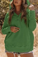 Women's XL Partial Button Green Hoodie Pullover Sweatshirt Pockets Top