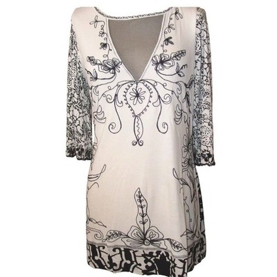 Krista Lee Top Tunic Womens XL White Black Boho Viva Las Vegas Embroidery Beaded